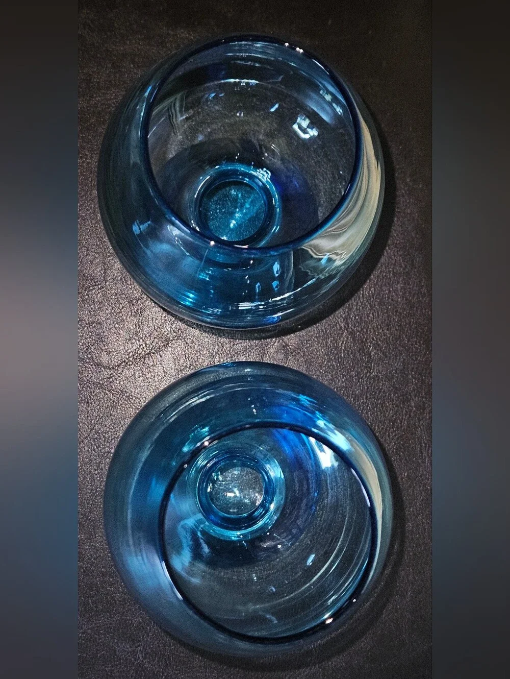 2 Vintage Mid-Century Modern Empoli art Glass Goblets or Vases Turquoise Blue